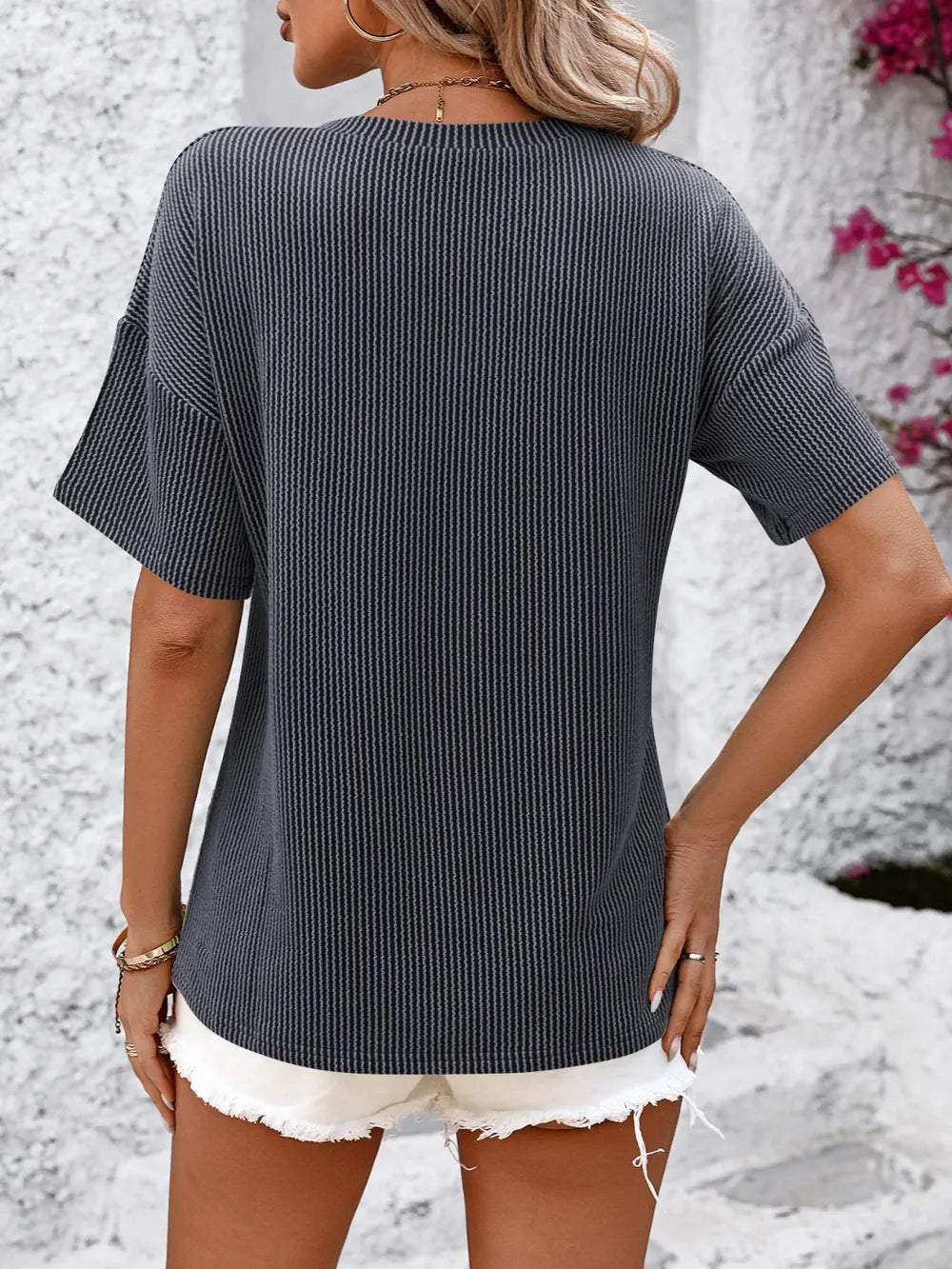 Mandy V-Neck Dropped Shoulder T-Shirt – Trendsi | ClozArt