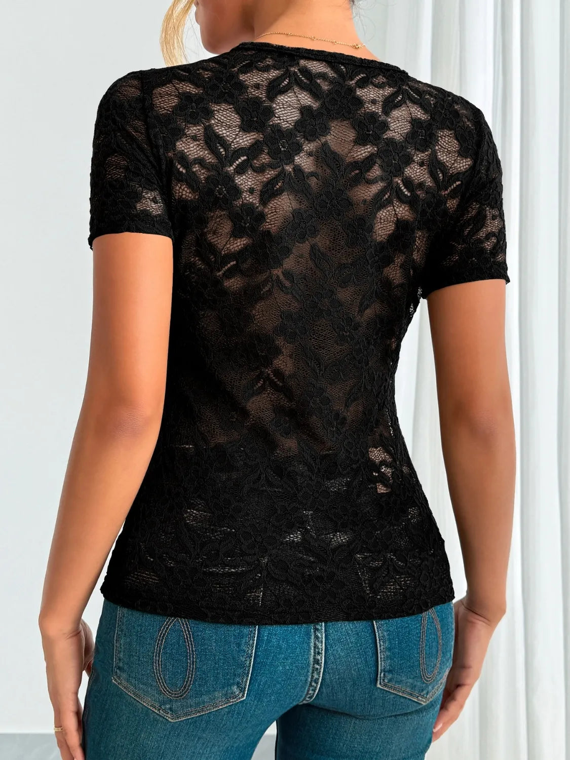 Lace V-Neck Short Sleeve Top – Trendsi | ClozArt
