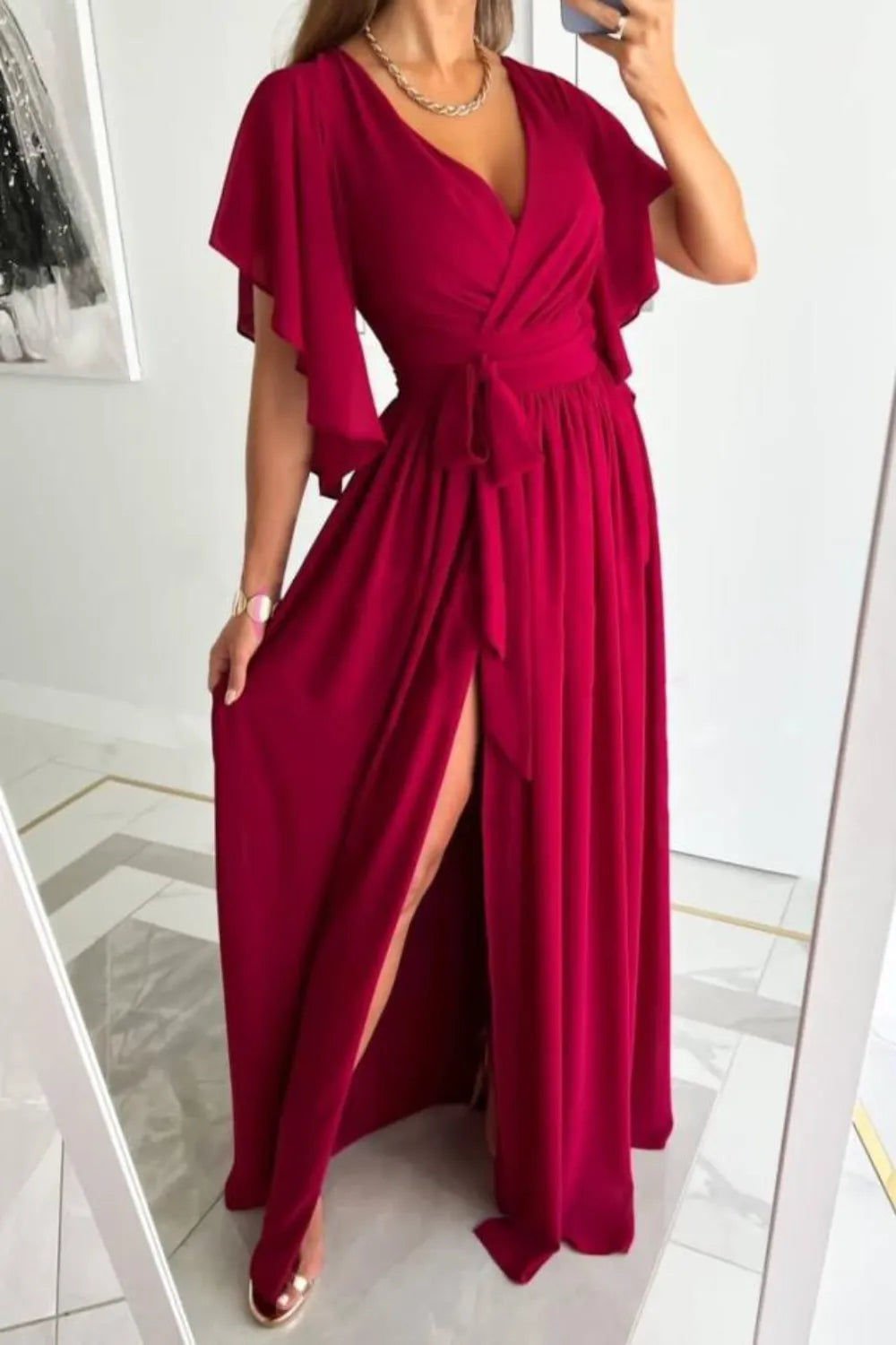 Surplice Flutter Sleeve Maxi Dress – Trendsi | ClozArt