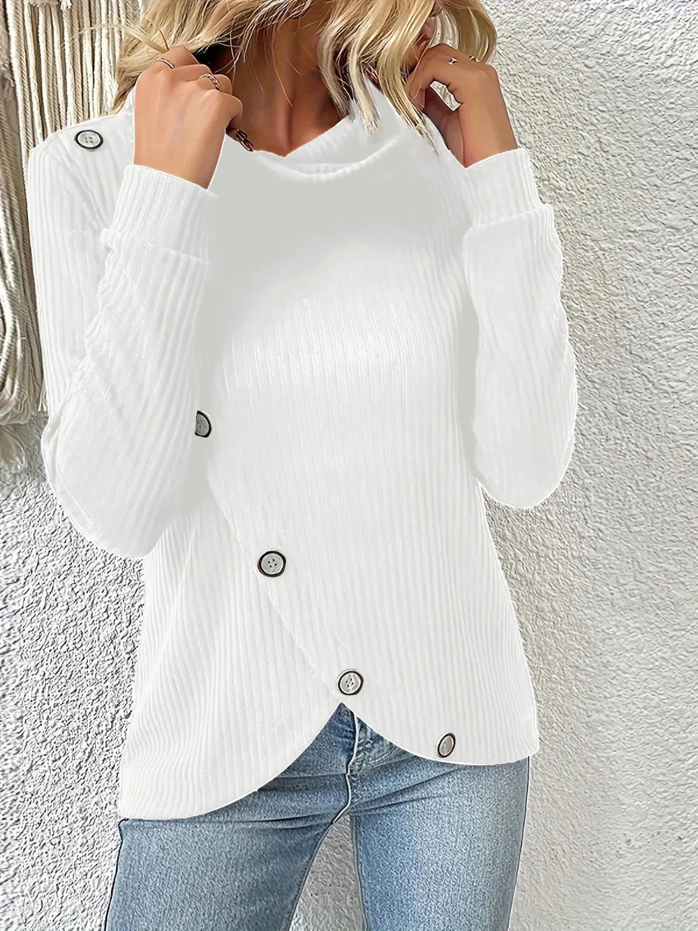 Decorative Button Turtleneck Long Sleeve T-Shirt – Trendsi | ClozArt