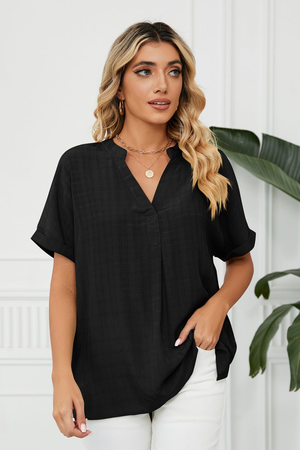 Side Slit Notched Neck Cuffed Short Sleeve Blouse – Trendsi | ClozArt