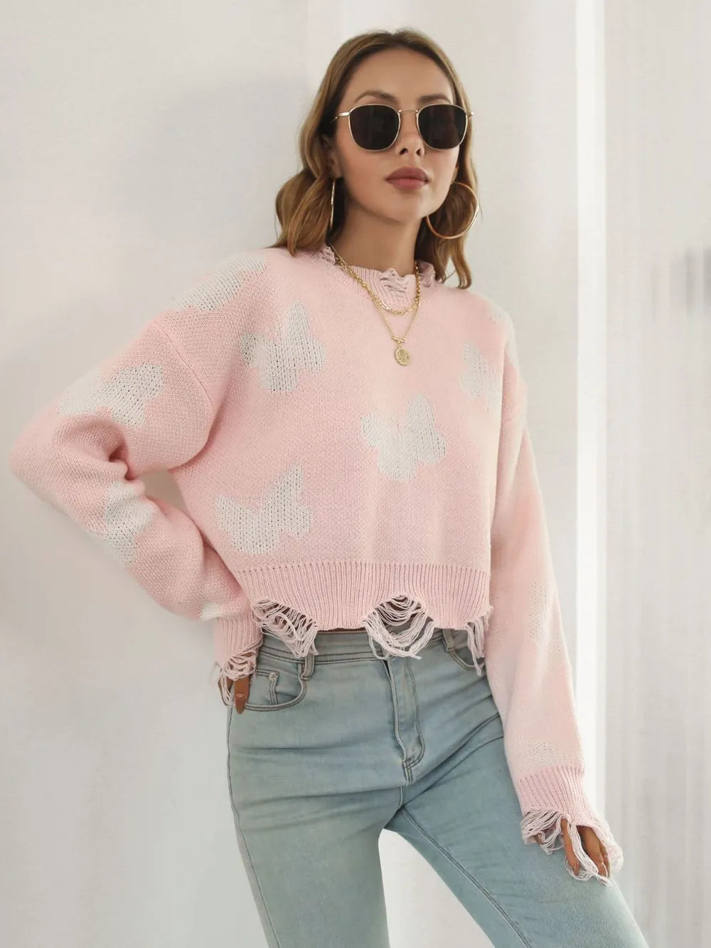 Distressed Butterfly Cropped Sweater – Trendsi | ClozArt