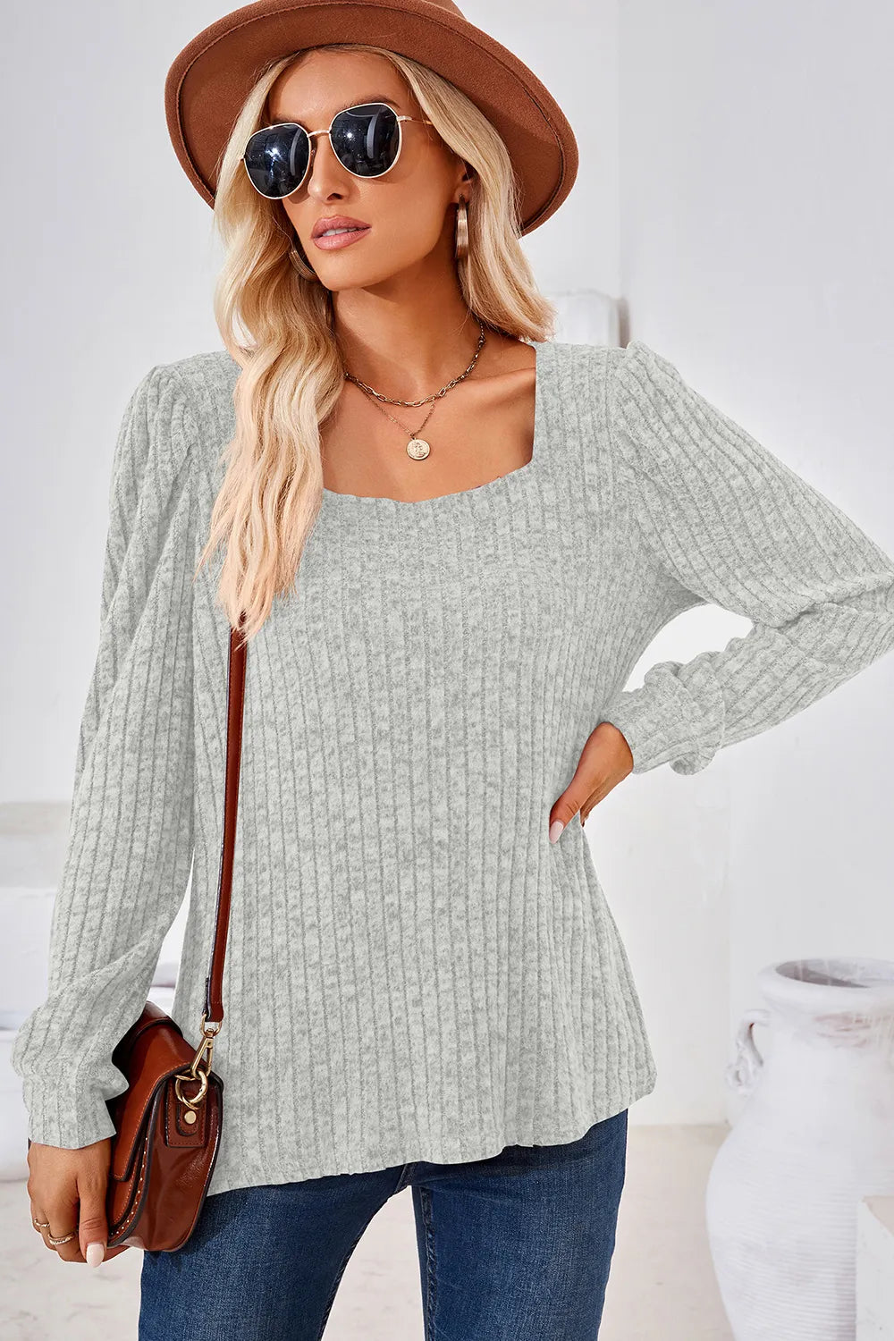 Ribbed Square Neck Long Sleeve T-Shirt – Trendsi | ClozArt