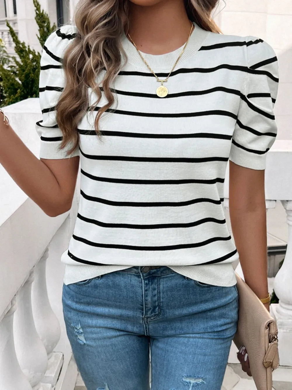 Devine Striped Round Neck Puff Sleeve Knit Top – Trendsi | ClozArt