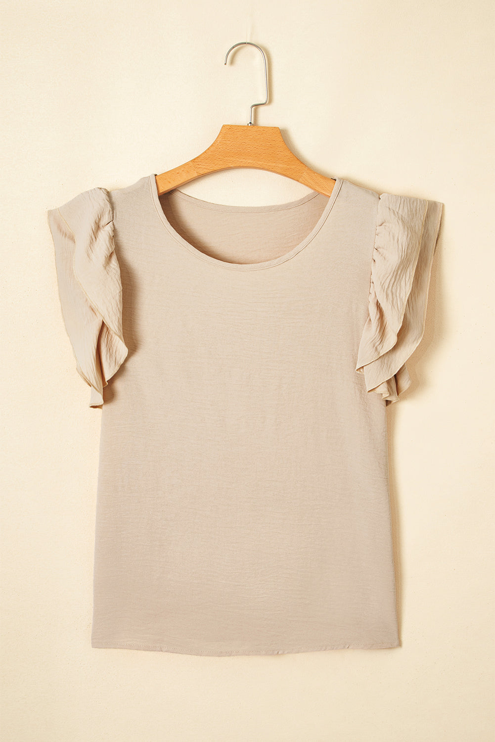 Mist Blue Solid Color Ruffle Sleeve Crinkled Blouse – Shewin | ClozArt