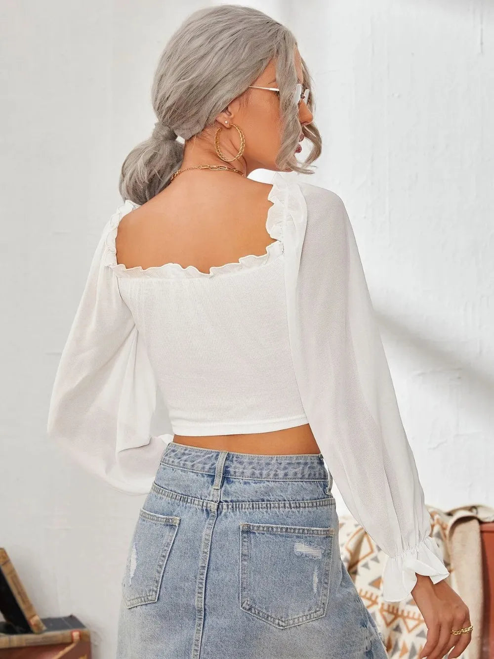 Mesh Sweetheart Neck Flounce Sleeve Top – Trendsi | ClozArt