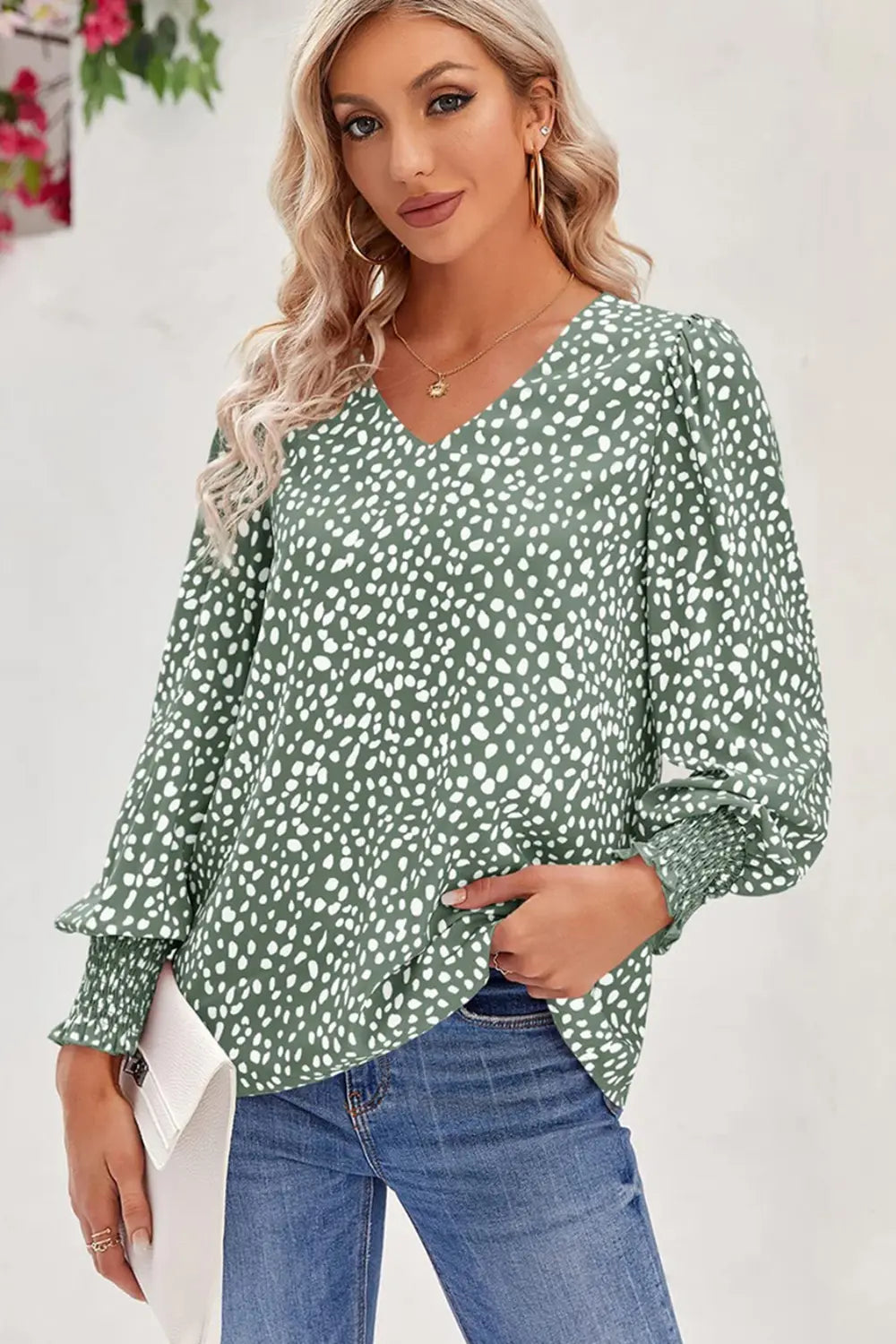 Printed V-Neck Smocked Lantern Sleeve Blouse – Trendsi | ClozArt