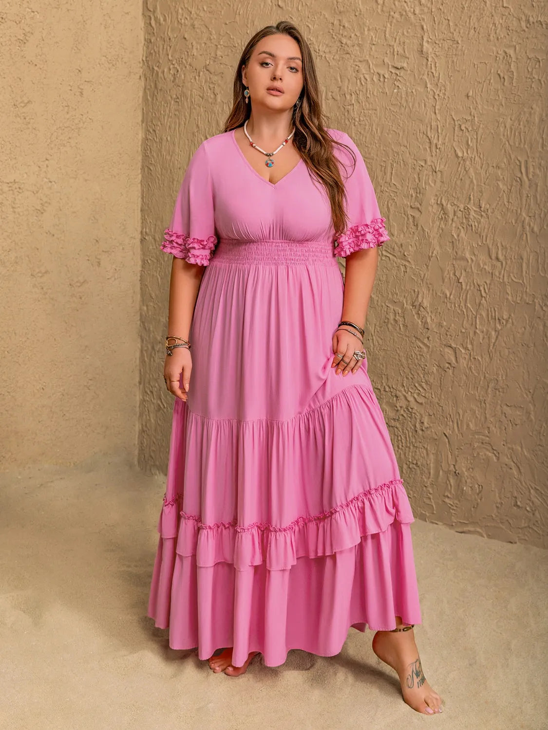 Plus Size V-Neck Half Sleeve Maxi Dress – Trendsi | ClozArt