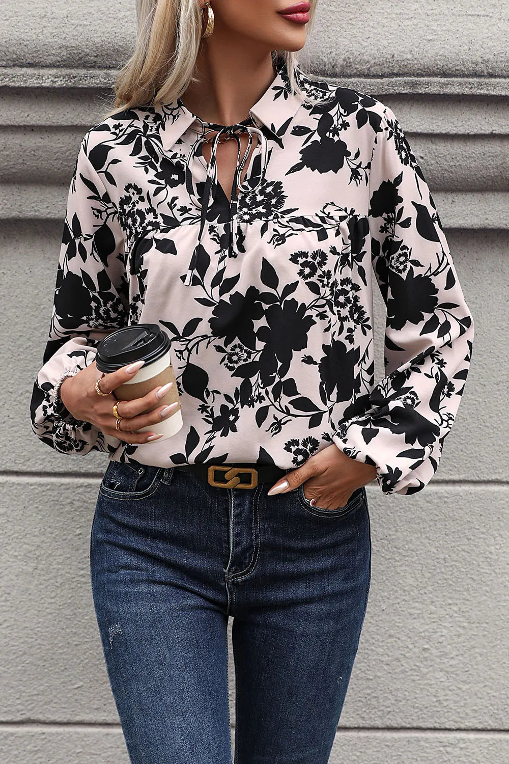 Perfee Printed Tie Neck Balloon Sleeve Blouse – Trendsi | ClozArt