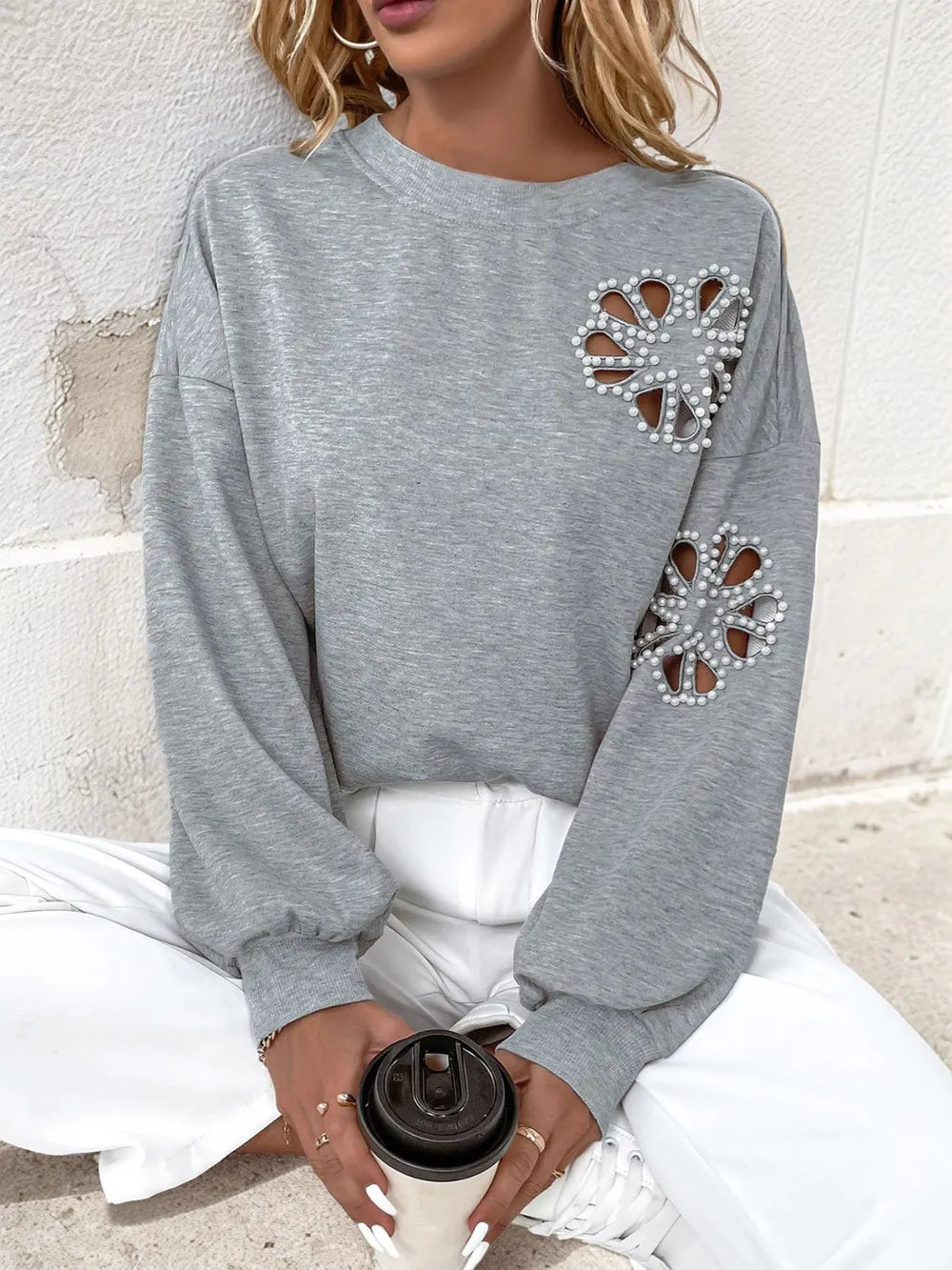 Perfee Cutout Pearl Round Neck Long Sleeve Sweatshirt – Trendsi | ClozArt