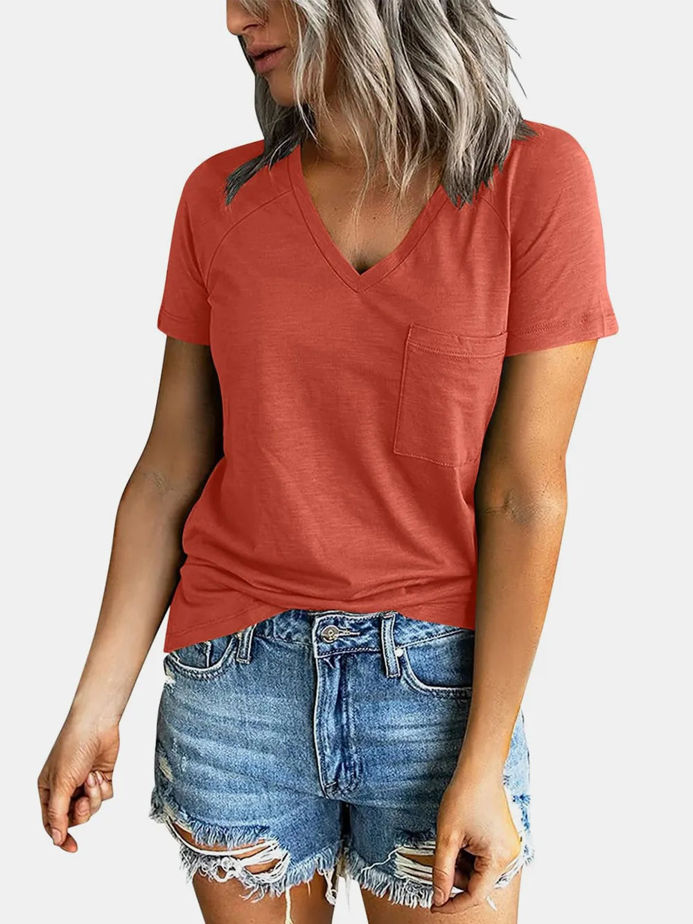 Pocketed V-Neck Short Sleeve T-Shirt – Trendsi | ClozArt