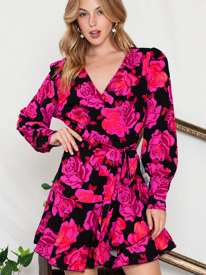 Floral Print Surplice Neck Long Sleeve Dress – Trendsi | ClozArt