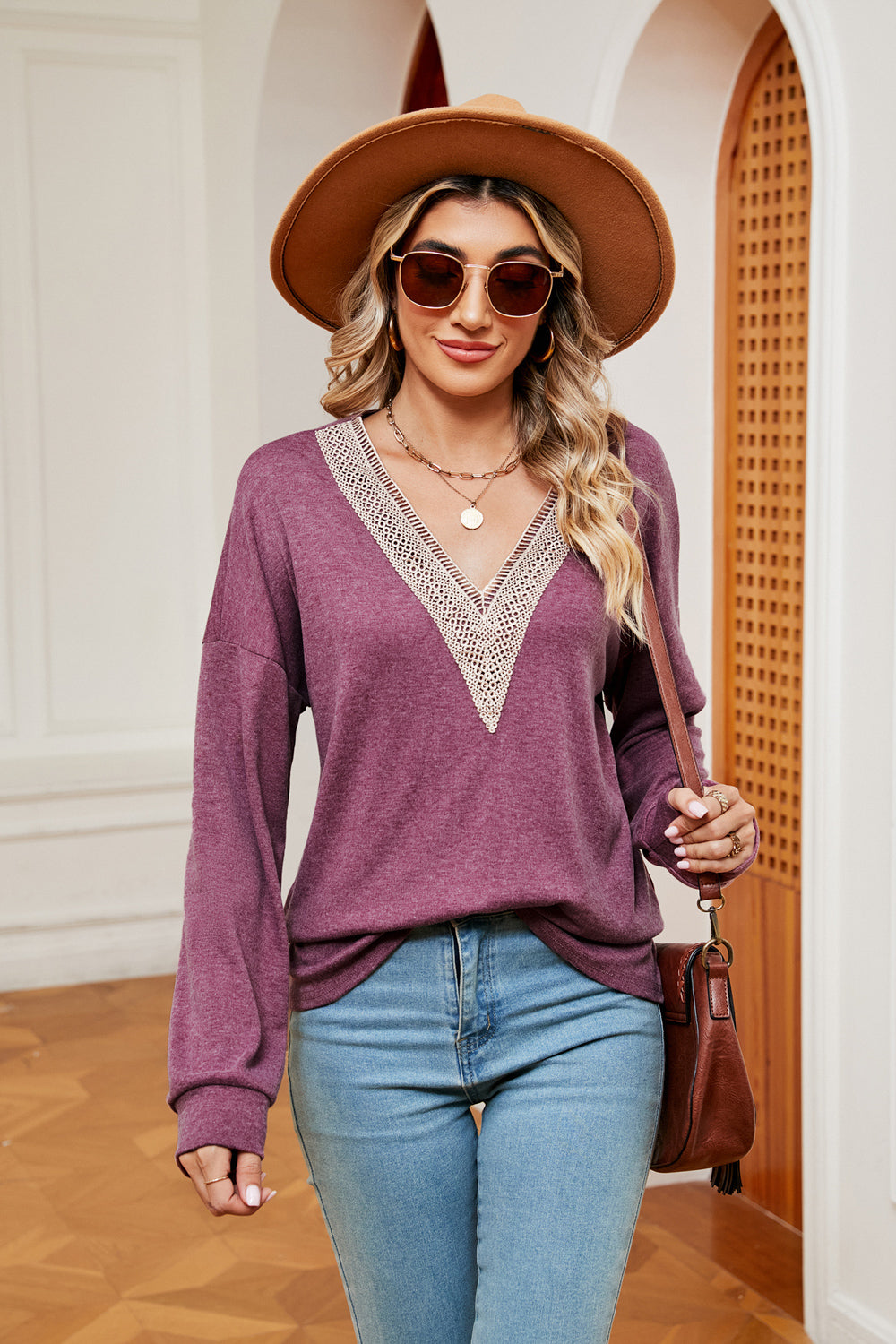 Contrast V-Neck Long Sleeve Blouse – Trendsi | ClozArt