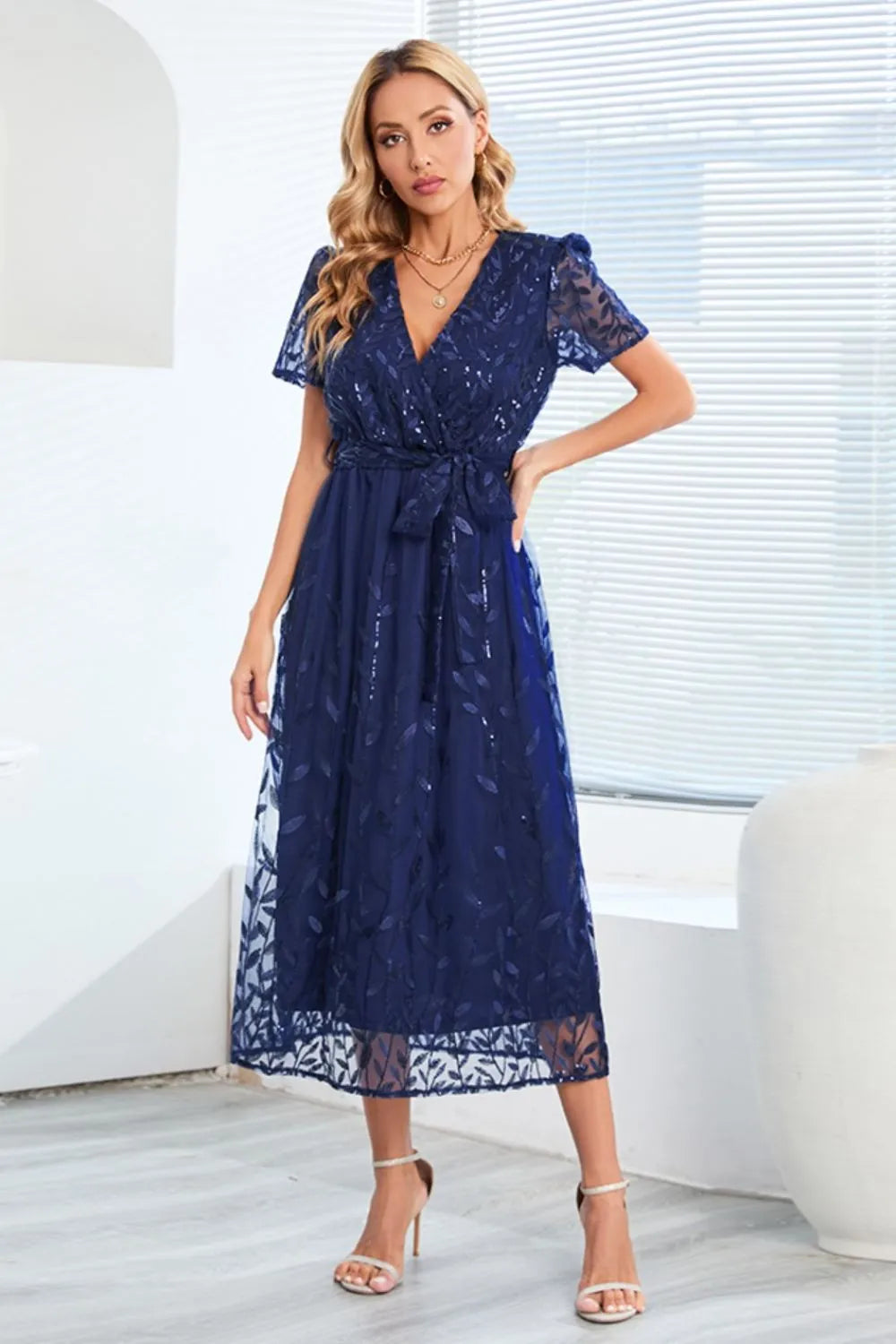 Sequin Leaf Embroidery Tie Front Short Sleeve Dress – Trendsi | ClozArt