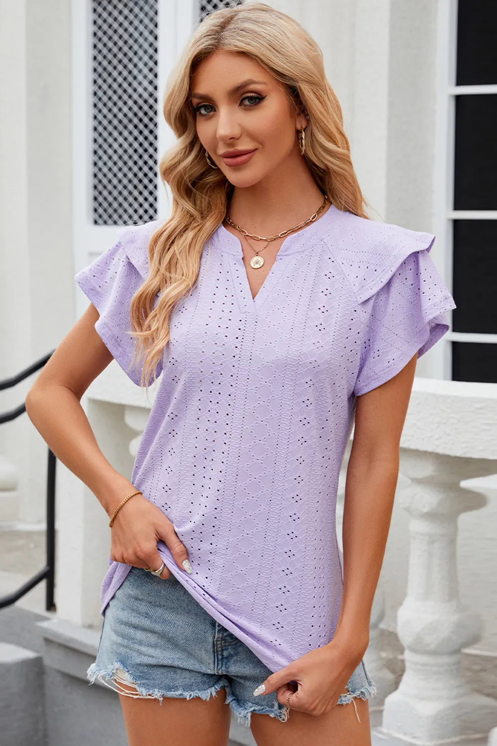 Eyelet Notched Flutter Sleeve T-Shirt – Trendsi | ClozArt