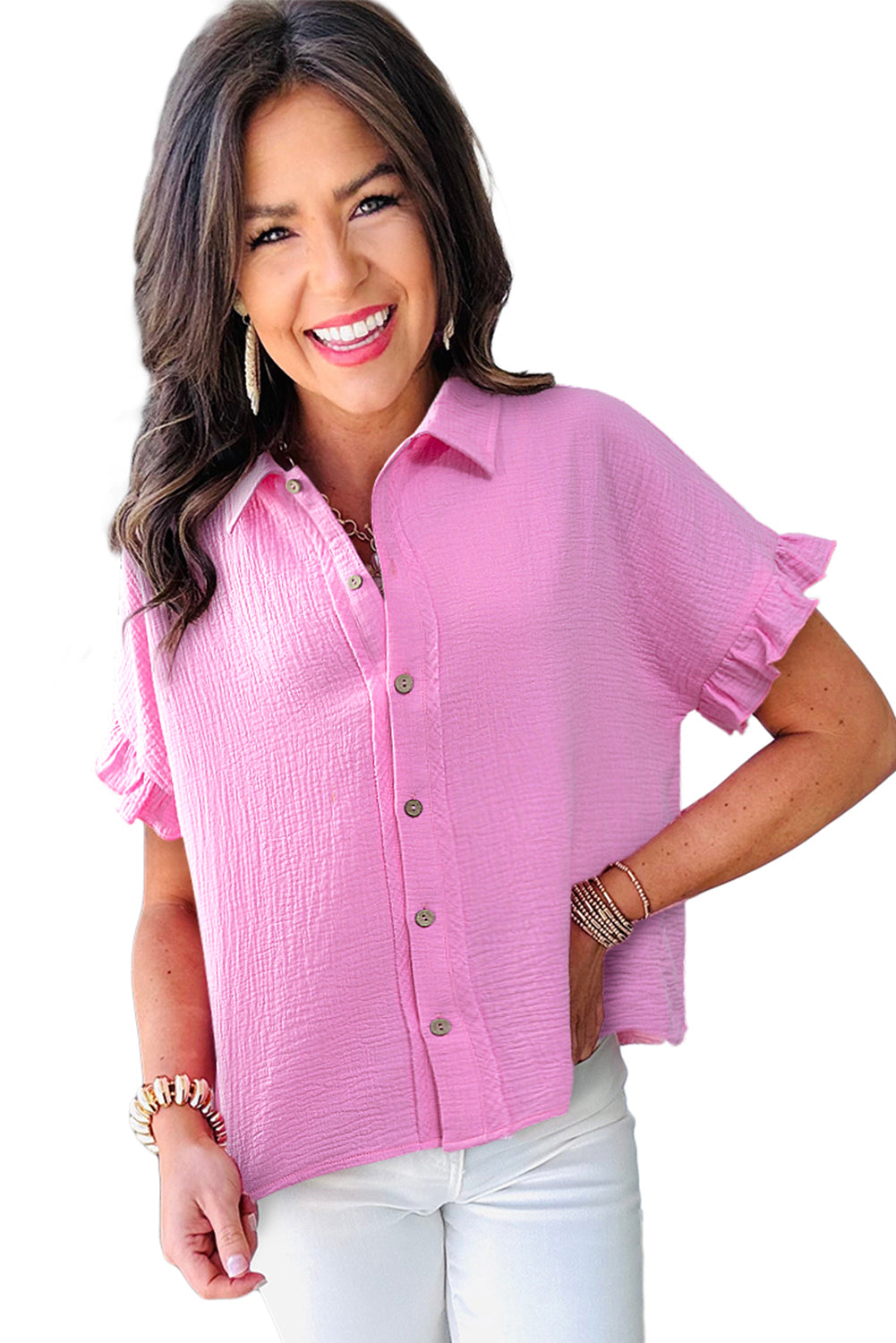 Bonbon Textured Ruffle Trim Short Sleeve Shirt – Shewin | ClozArt