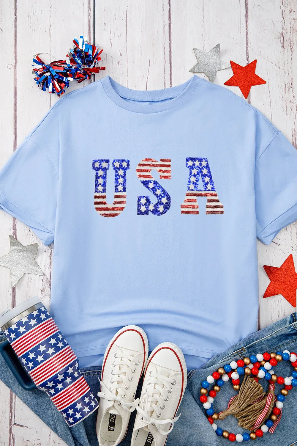 USA Patched Drop Sleeve Crewneck T Shirt – Trendsi | ClozArt