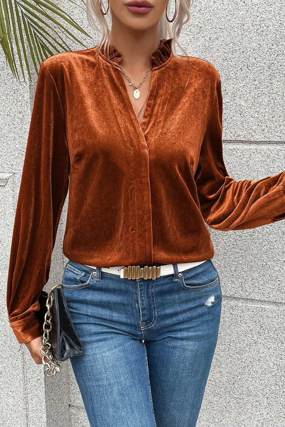Notched Frill Detail Long Sleeve Blouse – Trendsi | ClozArt