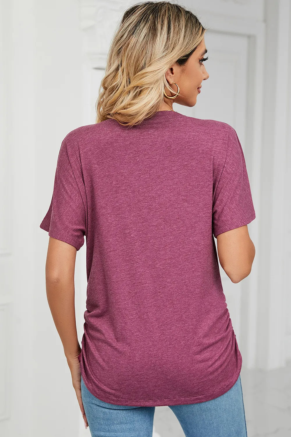Ruched V-Neck Short Sleeve T-Shirt – Trendsi | ClozArt