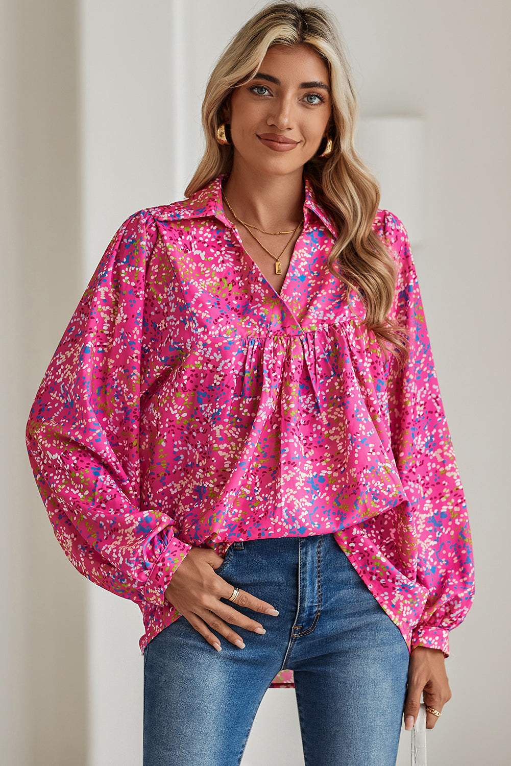 Orange Abstract Print Loose Fit Collared V Neck Babydoll Blouse – Shewin | ClozArt