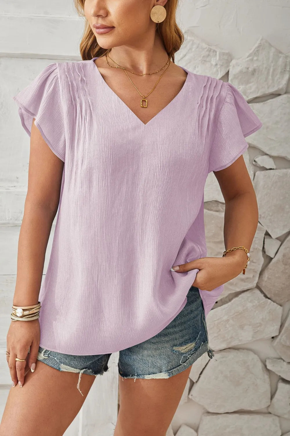 V-Neck Flutter Sleeve T-Shirt – Trendsi | ClozArt