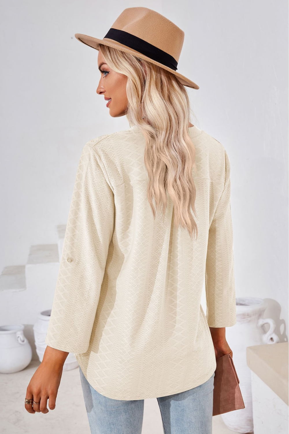 V-Neck Roll-Tap Sleeve Blouse – Trendsi | ClozArt