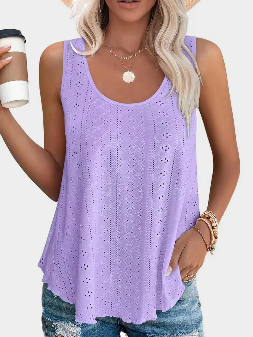 Florira Eyelet Round Neck Tank – Trendsi | ClozArt