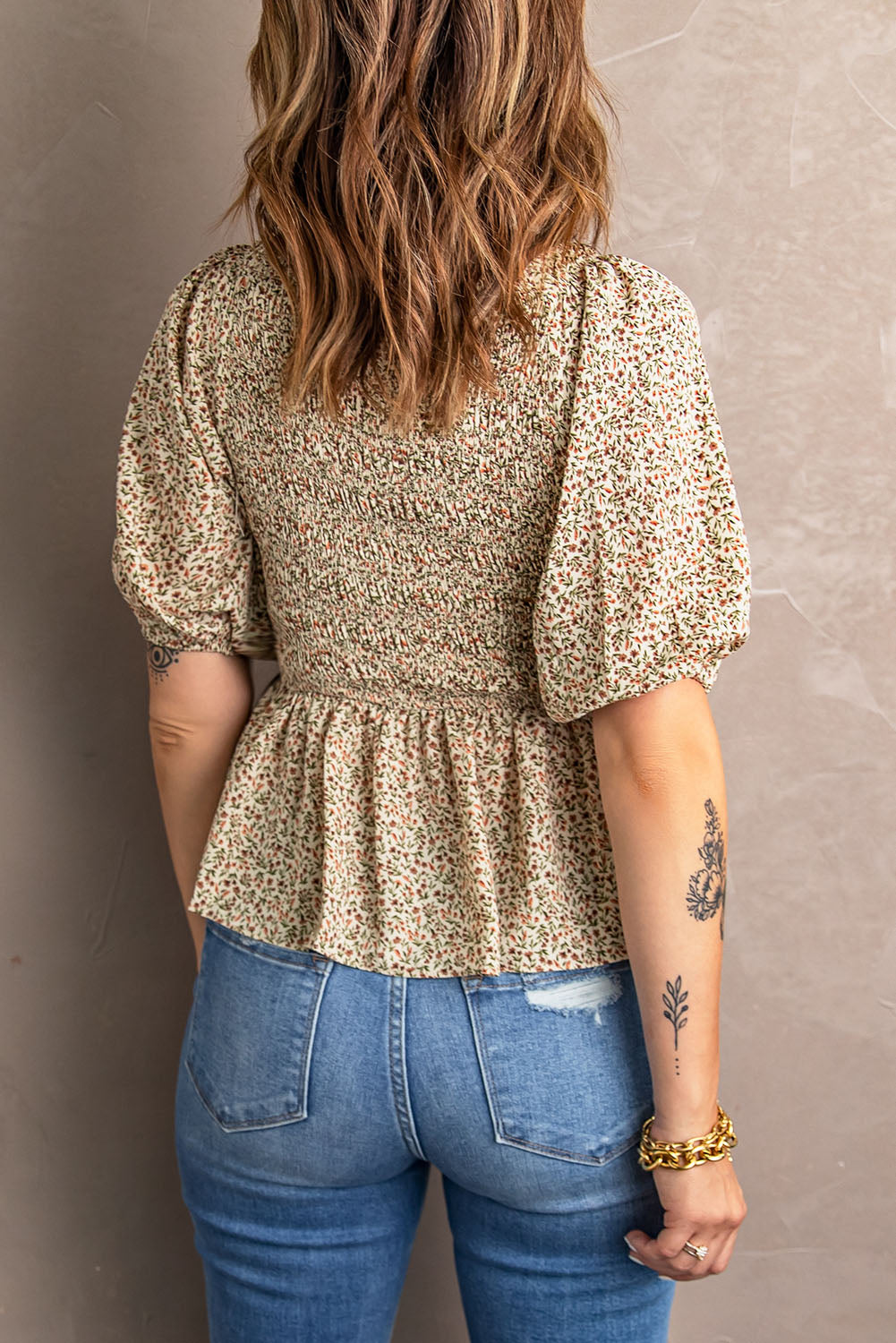 Smocked Balloon Sleeve Peplum Blouse – Trendsi | ClozArt