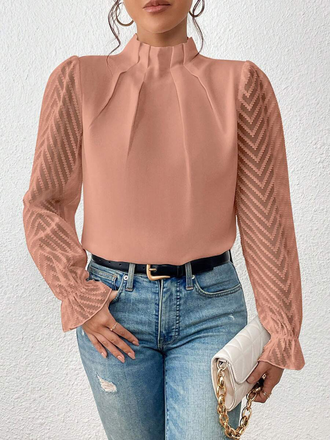 Mock Neck Flounce Sleeve Blouse – Trendsi | ClozArt