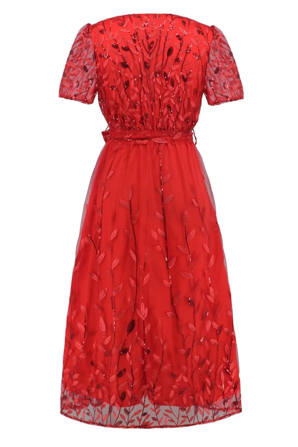 Sequin Leaf Embroidery Tie Front Short Sleeve Dress – Trendsi | ClozArt