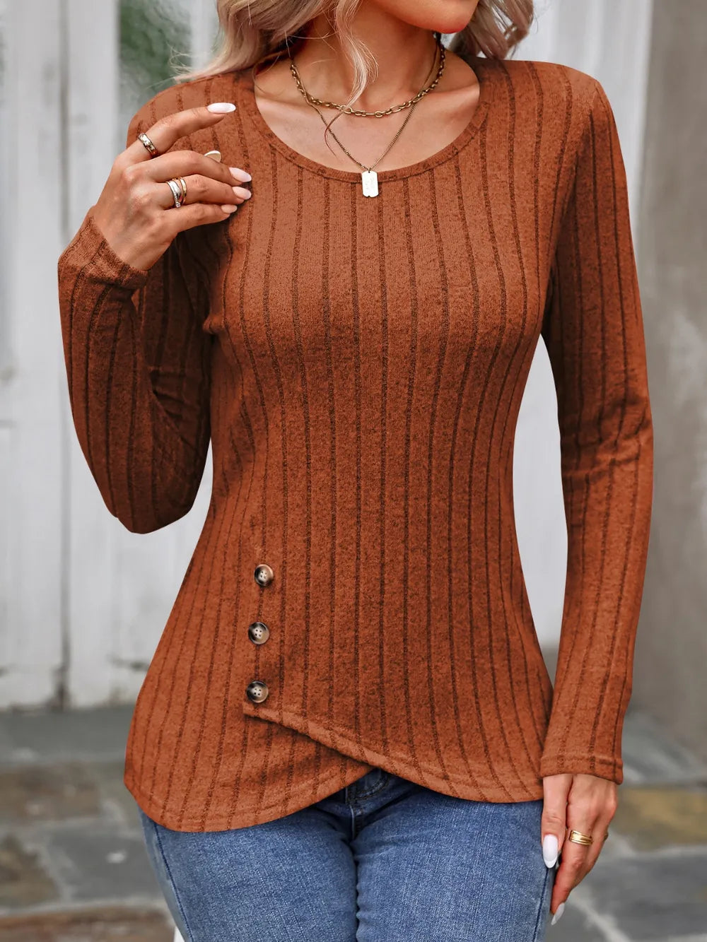 Decorative Button Round Neck Long Sleeve T-Shirt – Trendsi | ClozArt