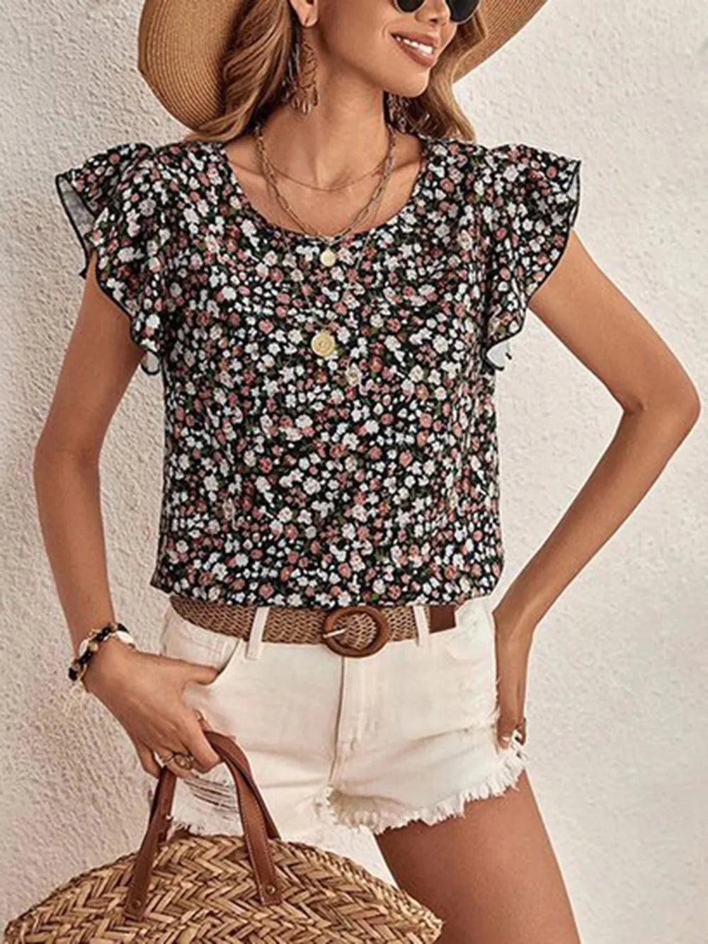 Ditsy Floral Round Neck Cap Sleeve Top – Trendsi | ClozArt