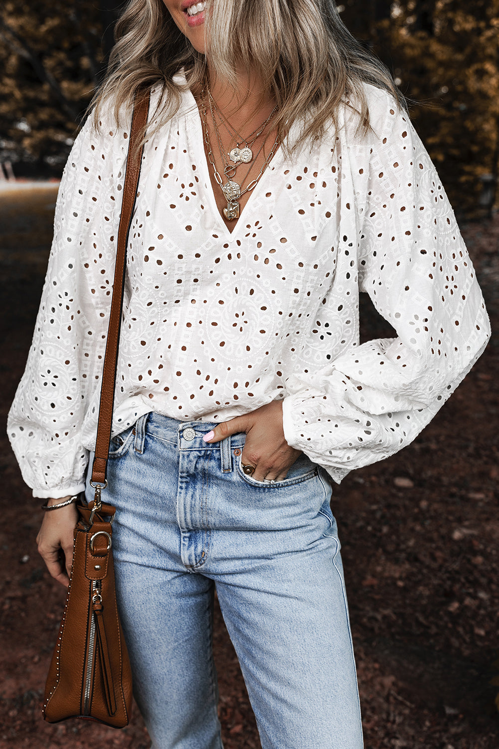 White Eyelet Embroidered Puff Sleeve V Neck Blouse – Shewin | ClozArt