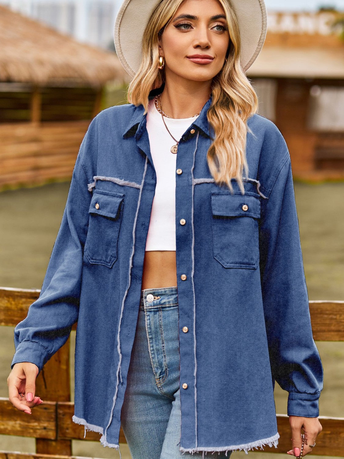 Button Up Collared Neck Raw Hem Denim Top – Trendsi | ClozArt