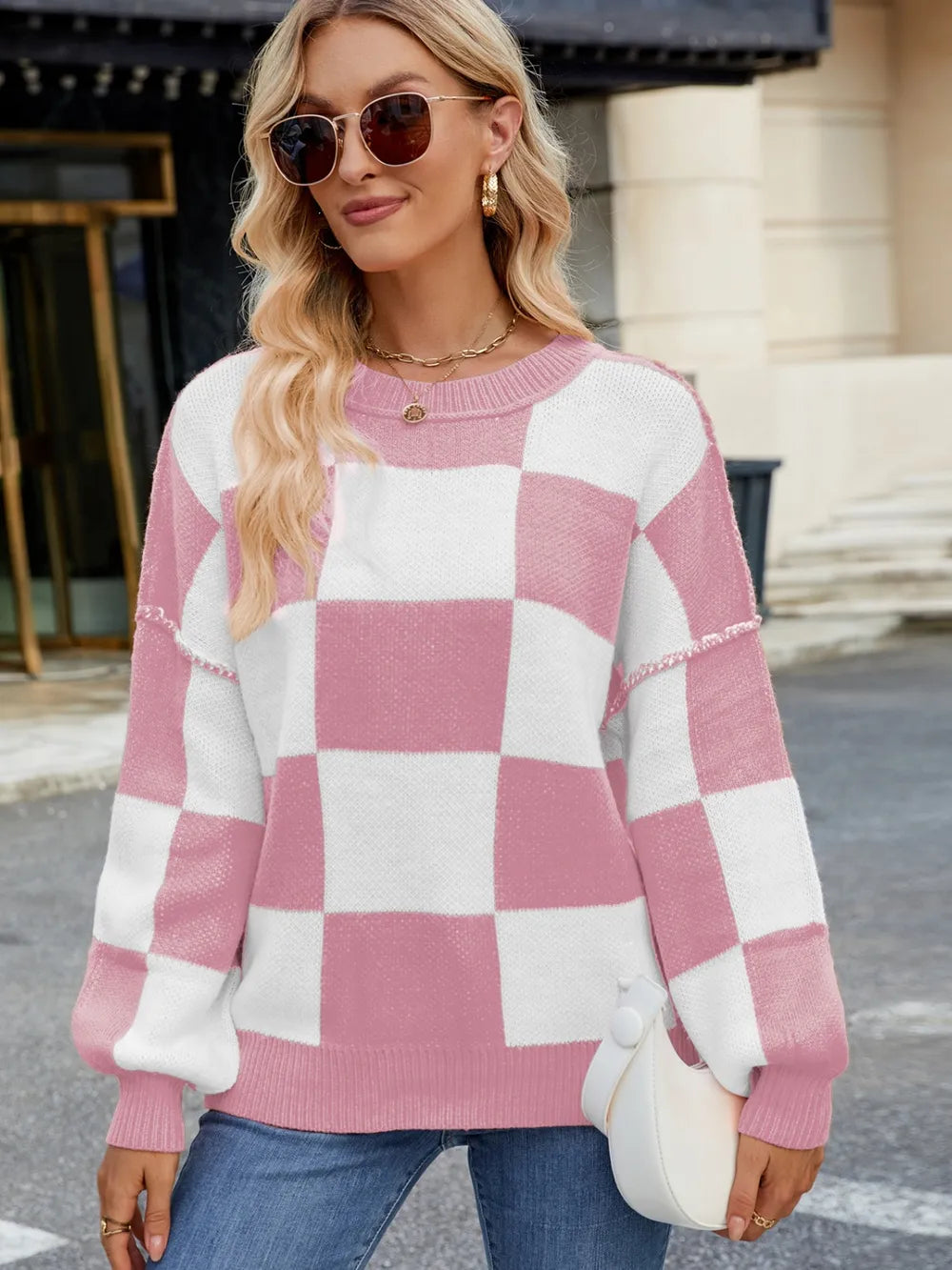 Checkered Round Neck Long Sleeve Sweater – Trendsi | ClozArt