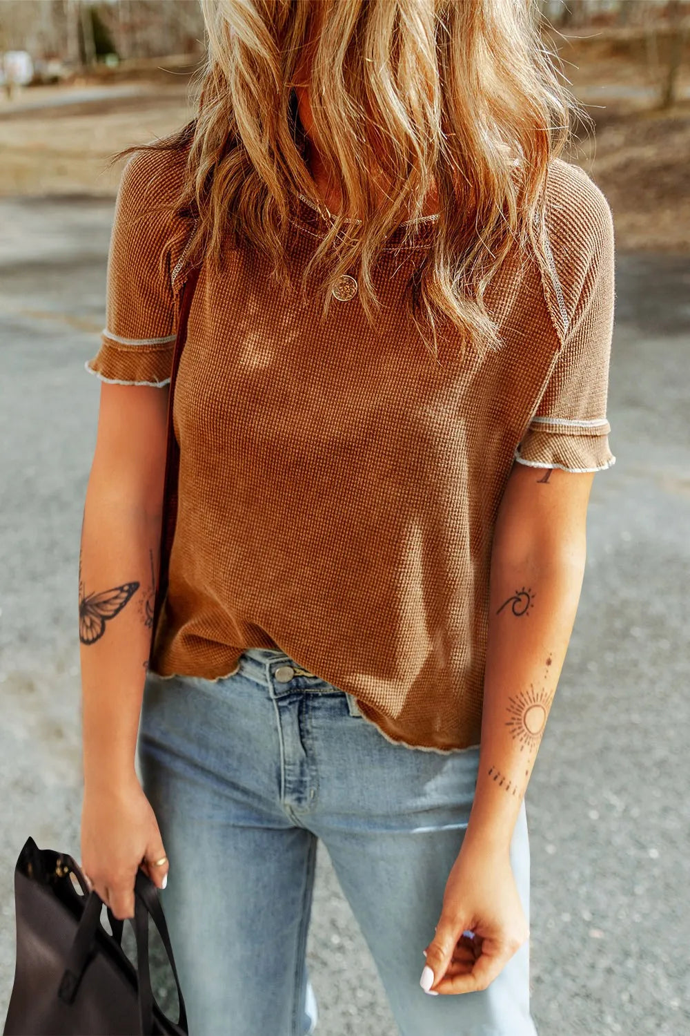 Contrast Stitching Round Neck Short Sleeve T-Shirt – Trendsi | ClozArt