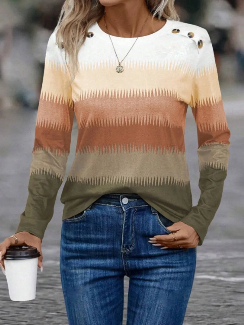Decorative Button Contrast Round Neck Long Sleeve T-Shirt – Trendsi | ClozArt