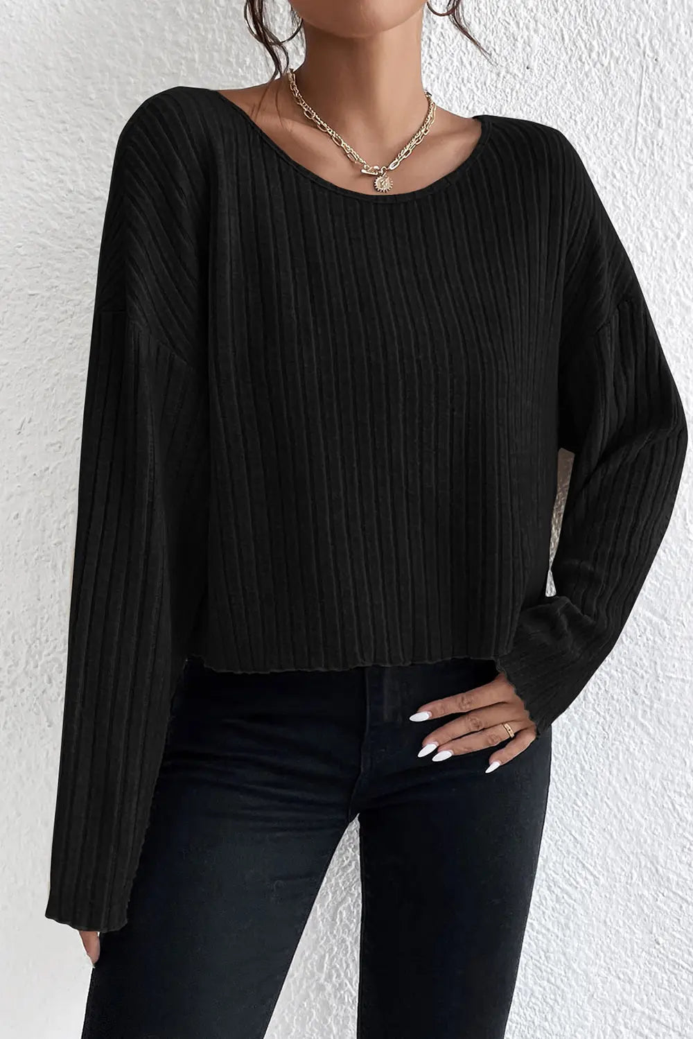 Ribbed Round Neck Drop Shoulder Long Sleeve Top – Trendsi | ClozArt