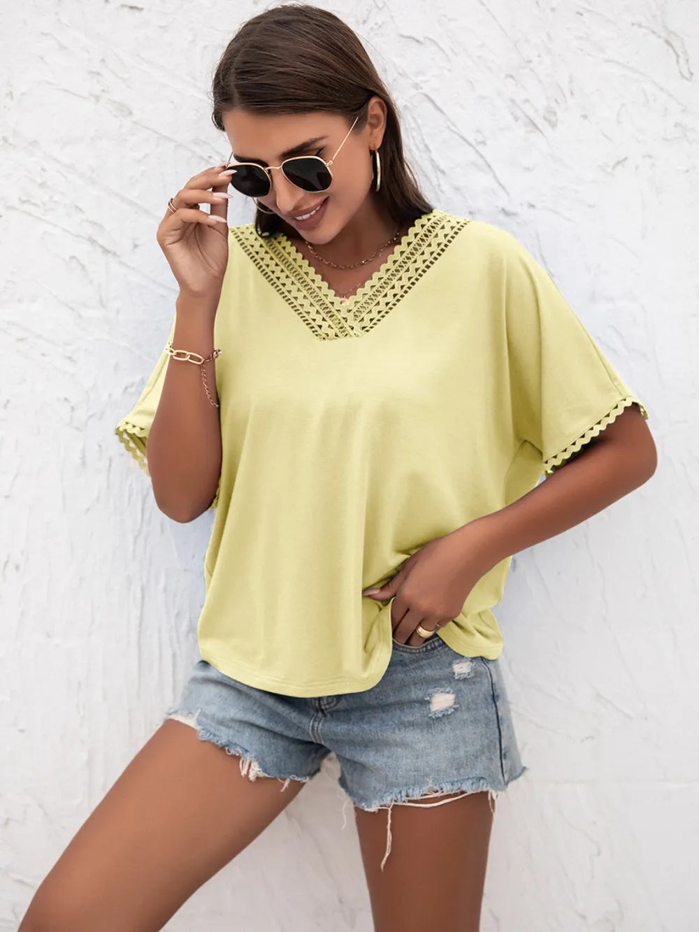 Ivy Lane Lace Detail V-Neck T-Shirt – Trendsi | ClozArt