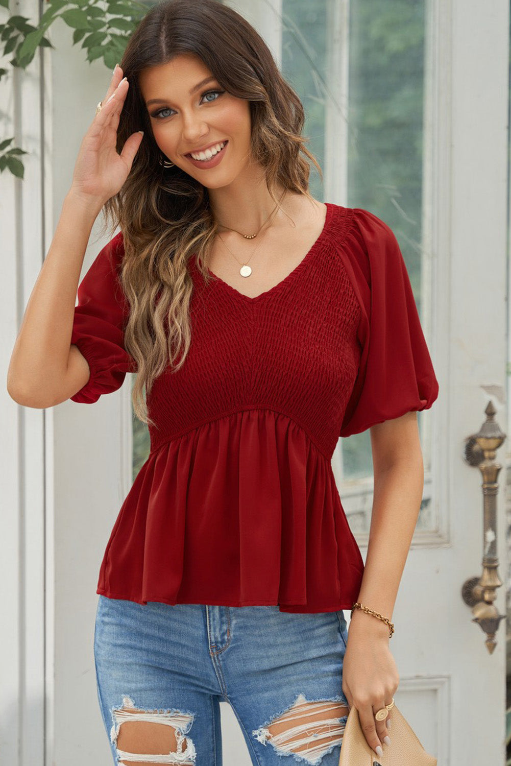 Smocked Balloon Sleeve Peplum Blouse – Trendsi | ClozArt