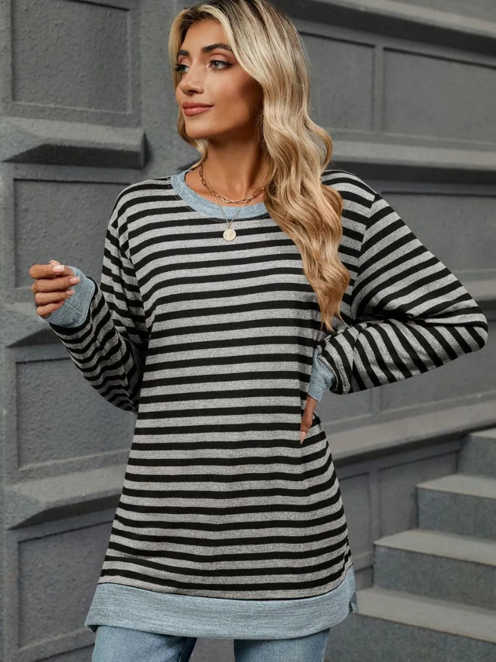 Striped Round Neck Long Sleeve T-Shirt – Trendsi | ClozArt