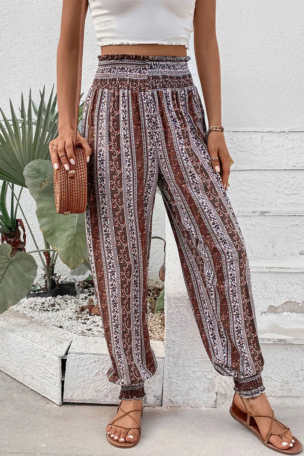 Perfee Smocked Printed High Waist Pants – Trendsi | ClozArt