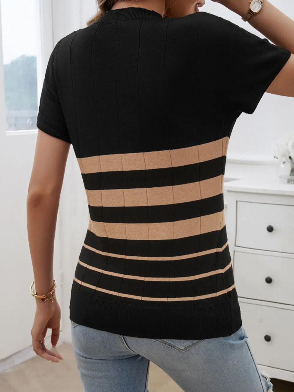 Devine Striped Round Neck Short Sleeve Knit Top – Trendsi | ClozArt