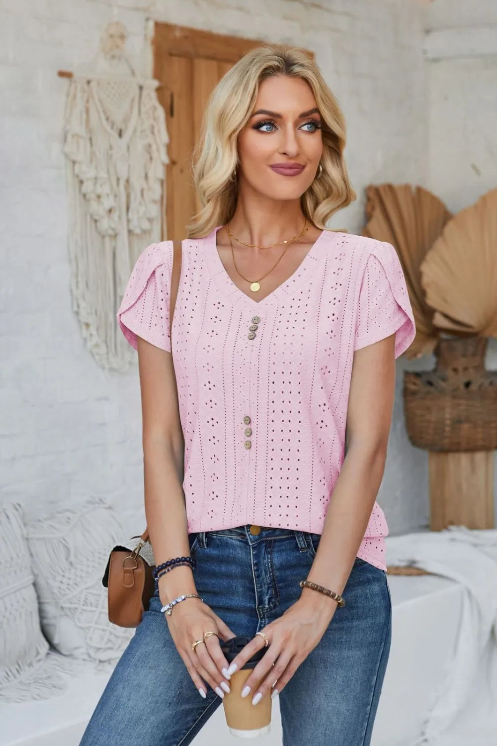 Decorative Button Eyelet V-Neck Short Sleeve T-Shirt – Trendsi | ClozArt