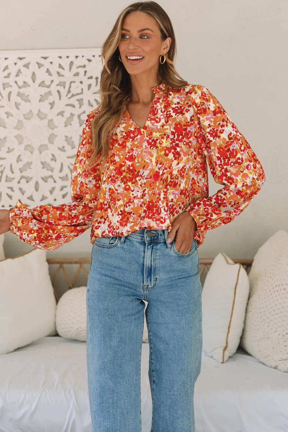 Floral Notched Balloon Sleeve Blouse – Trendsi | ClozArt