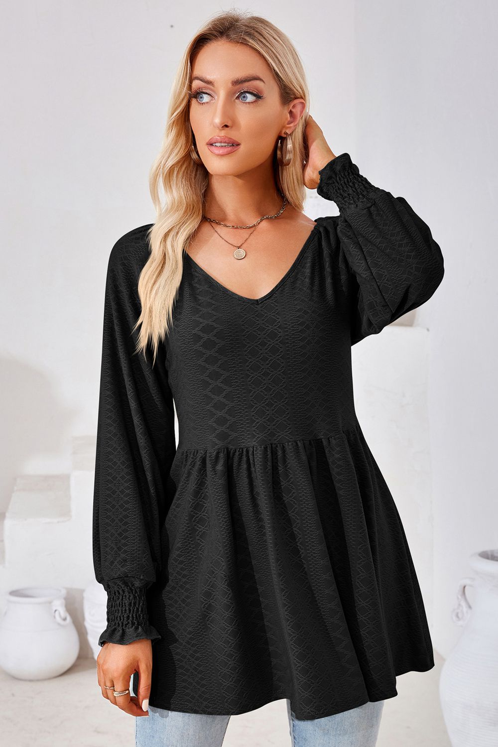 V-Neck Lantern Sleeve Blouse – Trendsi | ClozArt