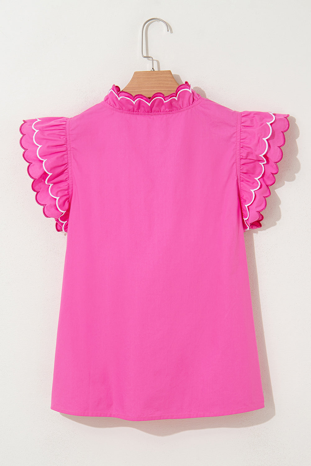 Bright Pink Scallop Trim V Neck Layered Short Sleeve Blouse – Shewin | ClozArt