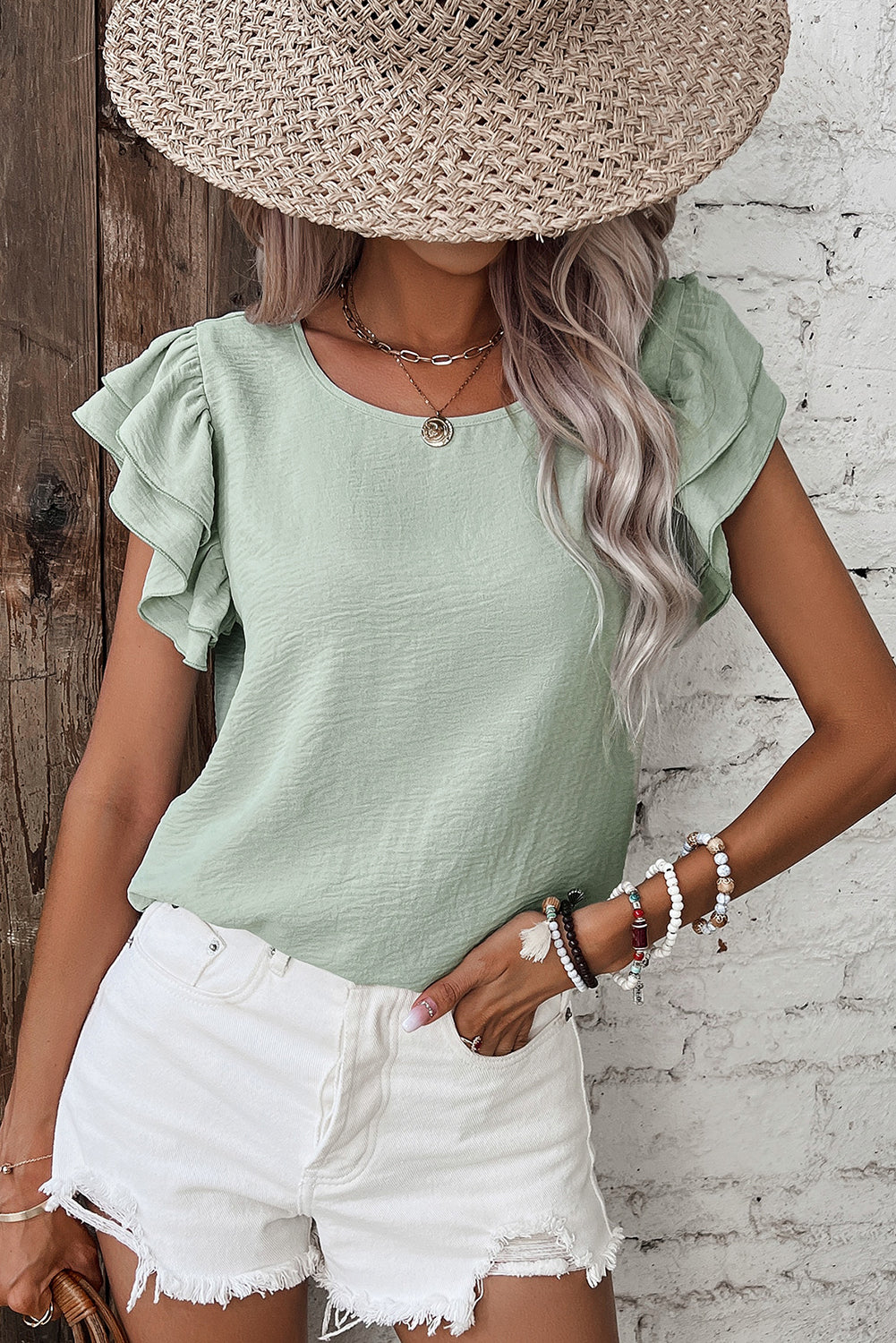 Mist Blue Solid Color Ruffle Sleeve Crinkled Blouse – Shewin | ClozArt