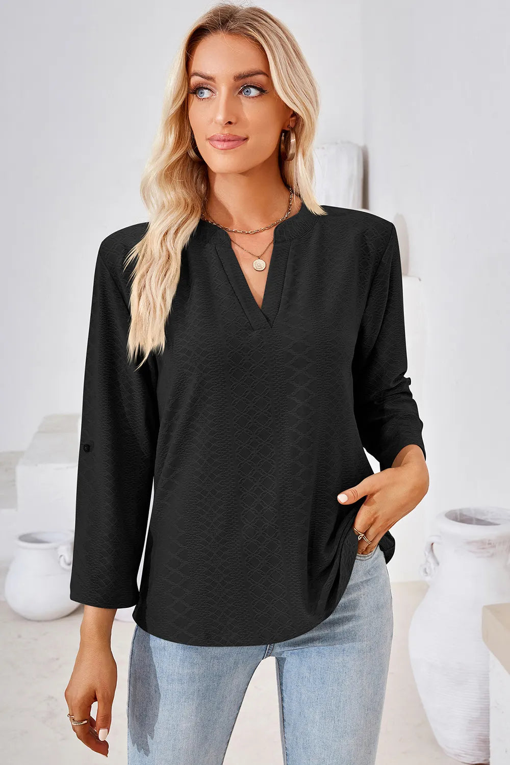 Notched Roll-Tab Sleeve T-Shirt – Trendsi | ClozArt