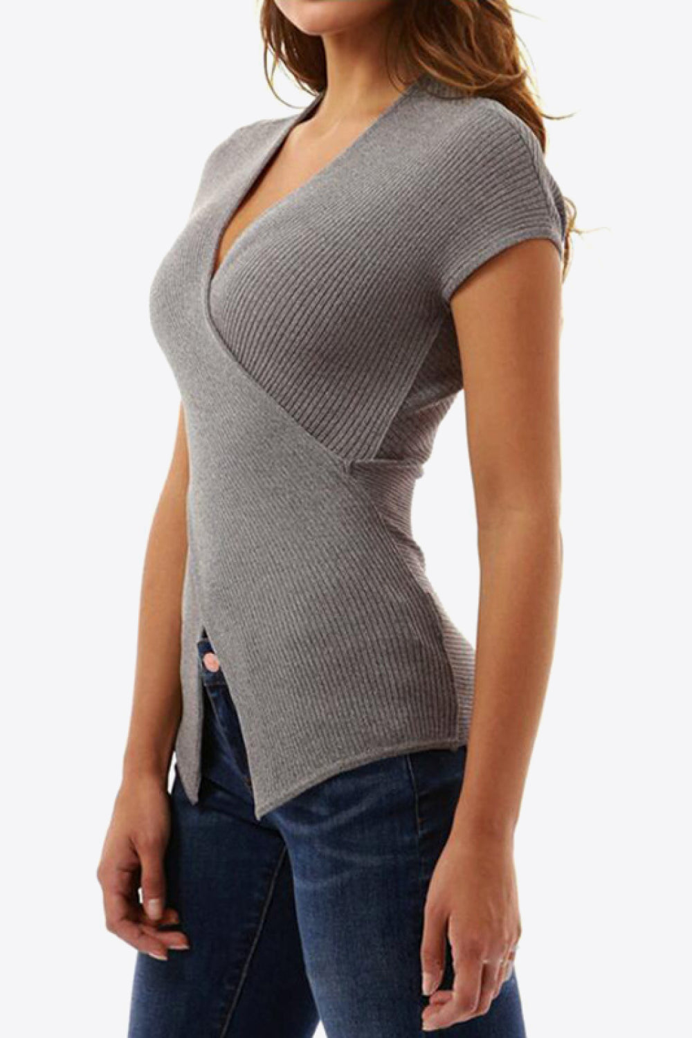 Ivy Lane Ribbed Surplice Neck Slit Top – Trendsi | ClozArt